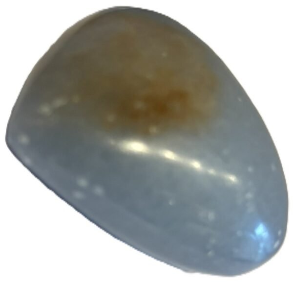 Polished natural angelite carved heart crystal 2 sians emporium Smooth polished blue angelite carved heart crystal showing natural white mineral flecks on a white background